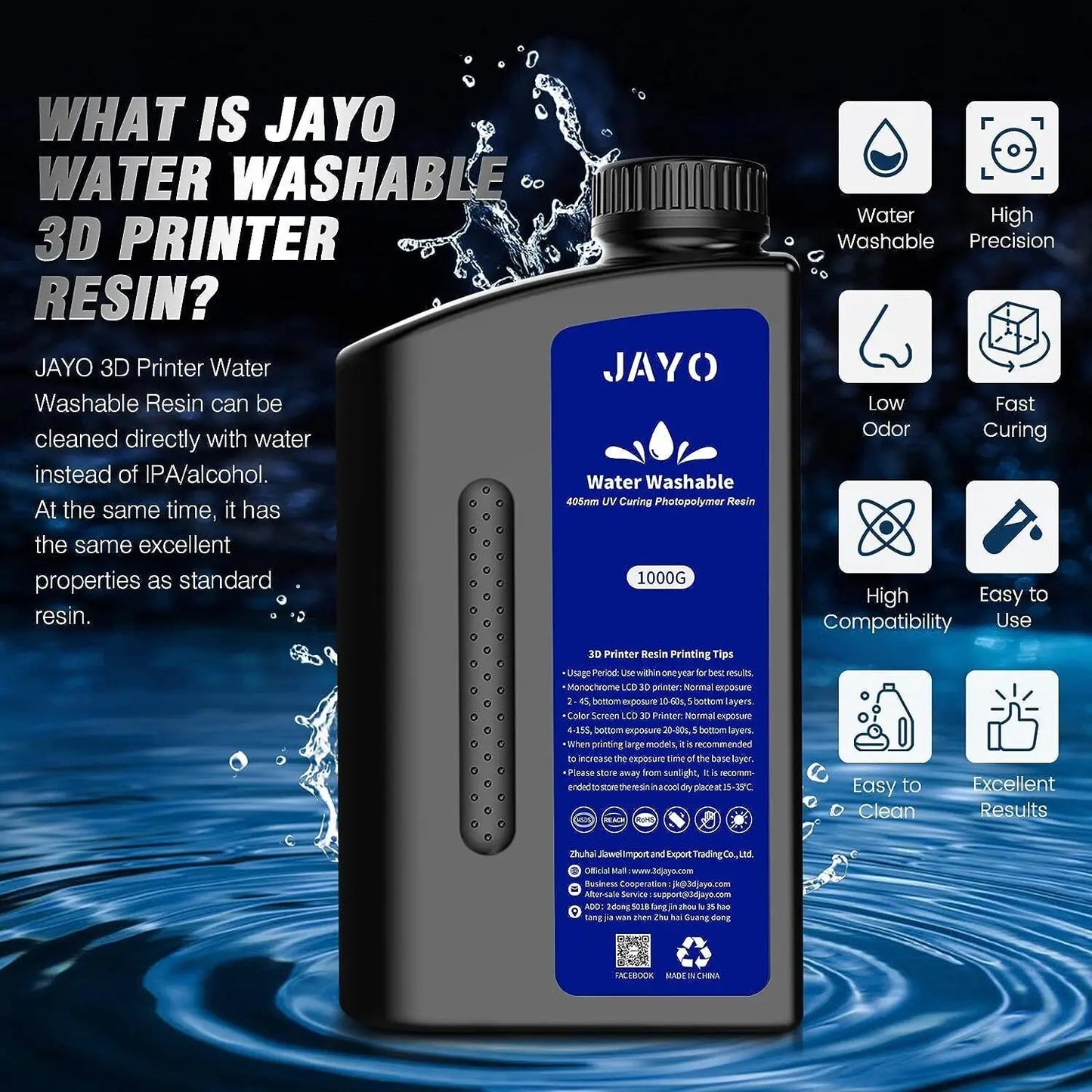 JAYO ABS-Like Standard 3D Printer Resin β 1KG β 395-405nm UV β Water Washable β High Precision & Fast Curing