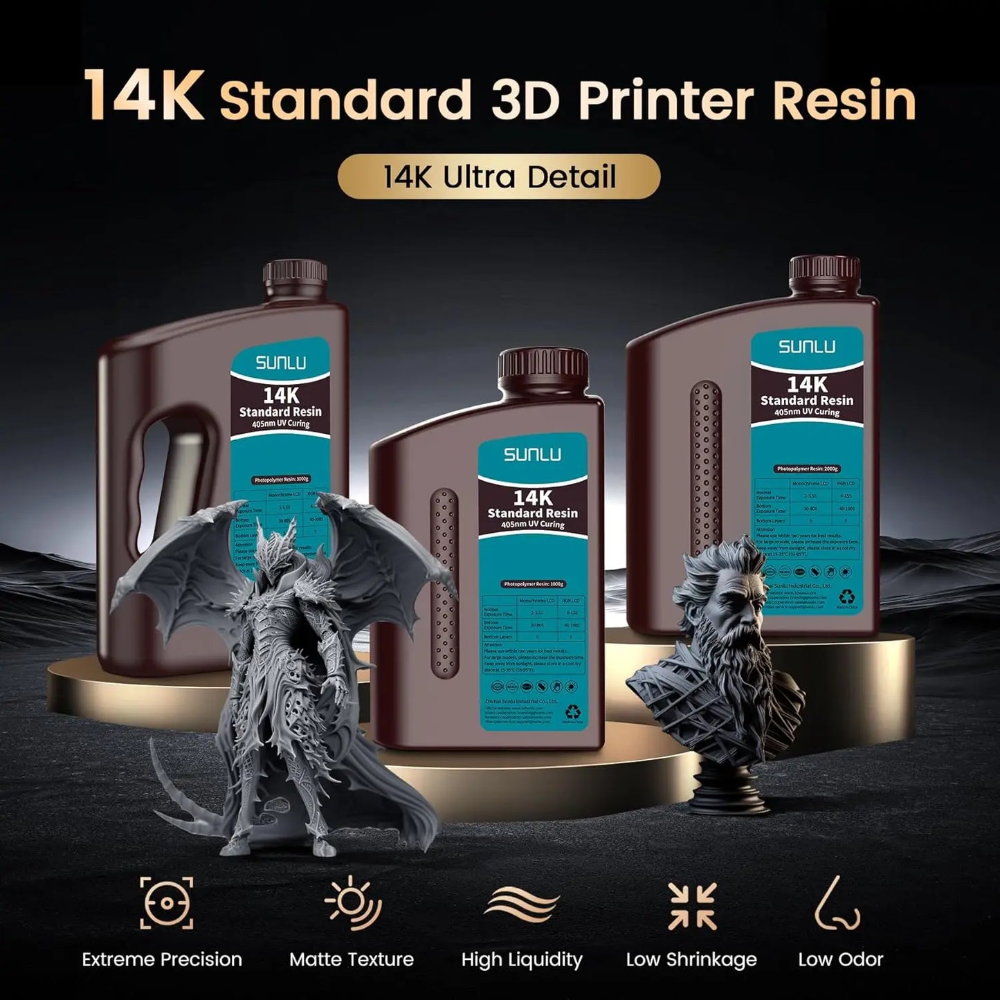 SUNLU 14K Standard Resin 405nm UV for LCD 3D Printers ā 2KG Pack (1KG x 2 Bottles)