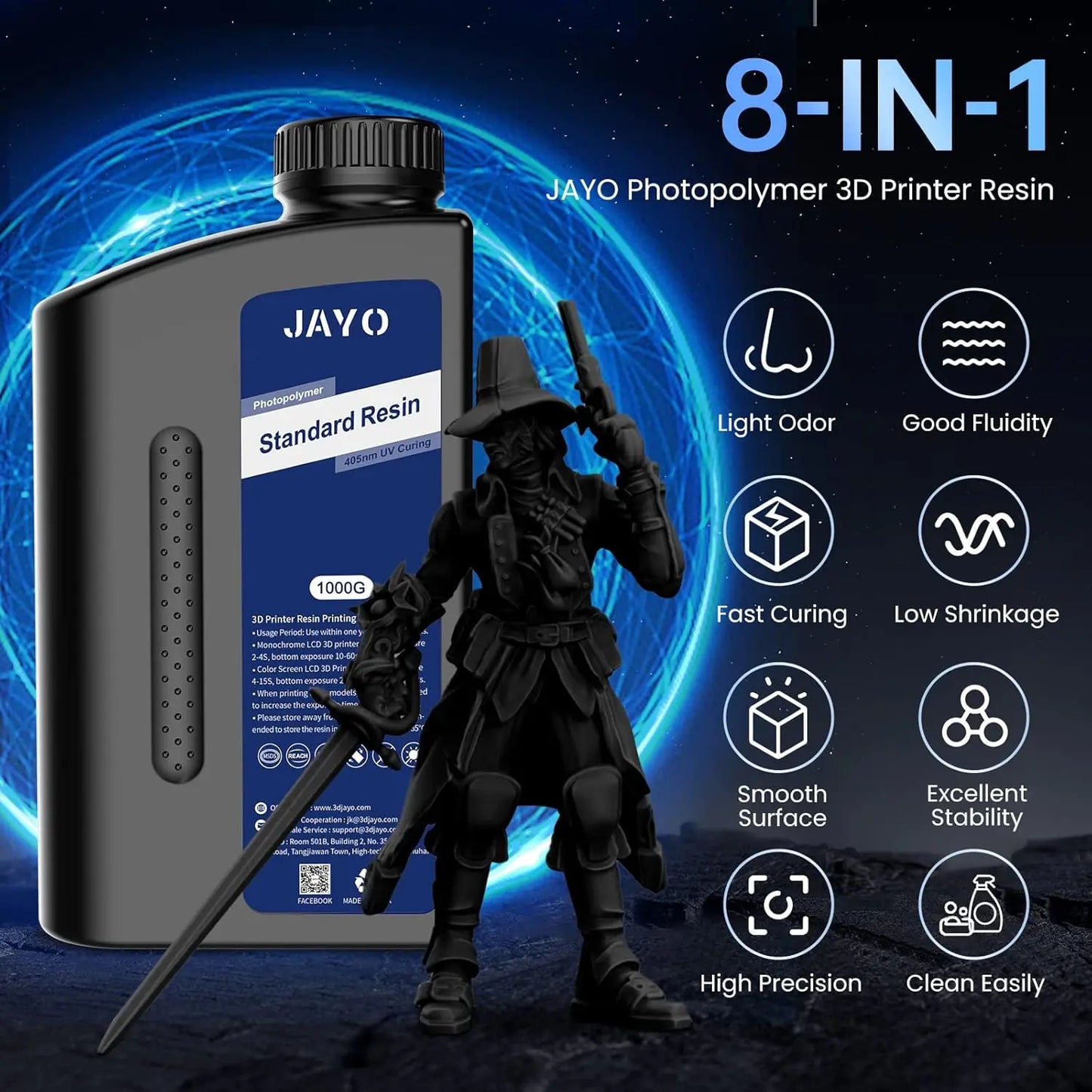 JAYO ABS-Like Standard 3D Printer Resin – 1KG – 395-405nm UV – Water Washable – High Precision & Fast Curing