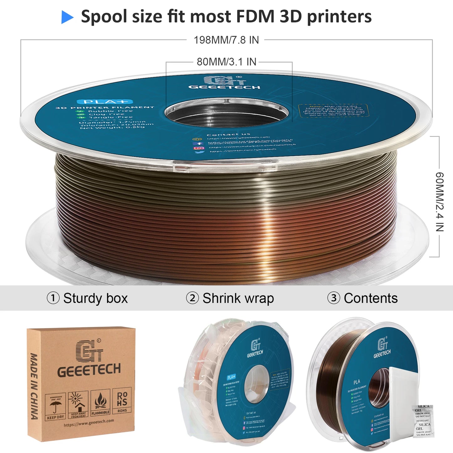 Geeetech Silk PLA Filament – 10KG Bulk Pack (10 × 1KG Spools, 1.75mm) – Glossy Finish for Decorative Prints
