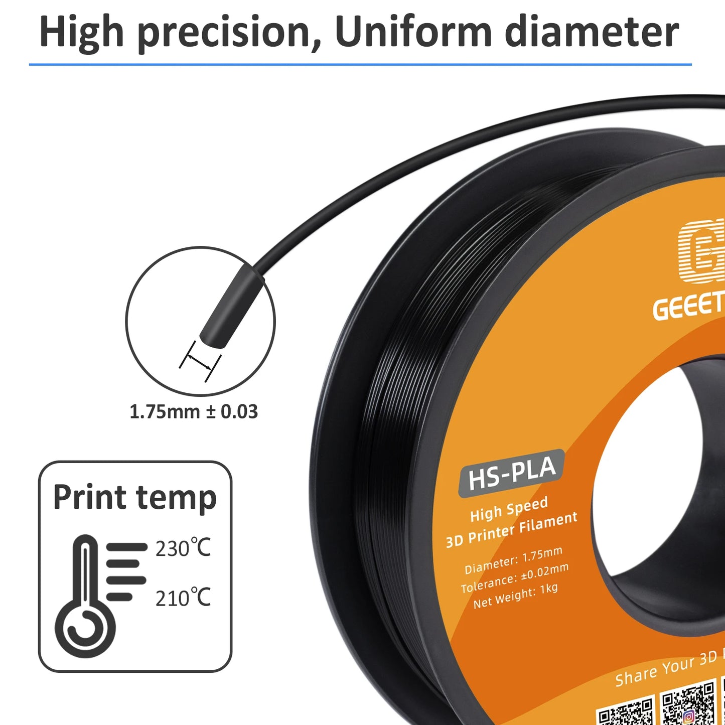Geeetech HS-PLA High-Speed Filament – 1.75mm, 1KG (2.2 lbs) Spool – Fast Curing & Smooth Flow