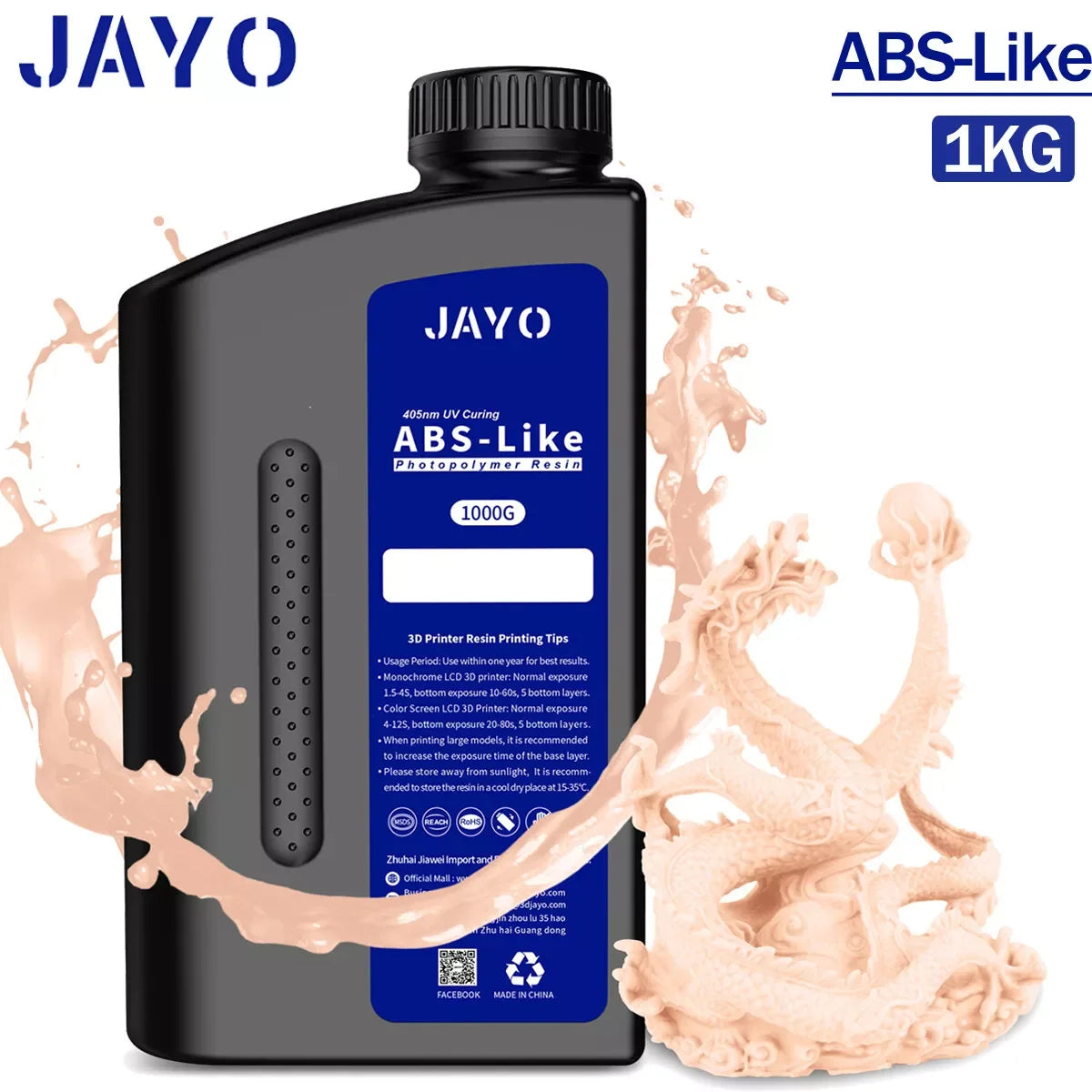 JAYO ABS-Like Standard 3D Printer Resin – 1KG – 395-405nm UV – Water Washable – High Precision & Fast Curing