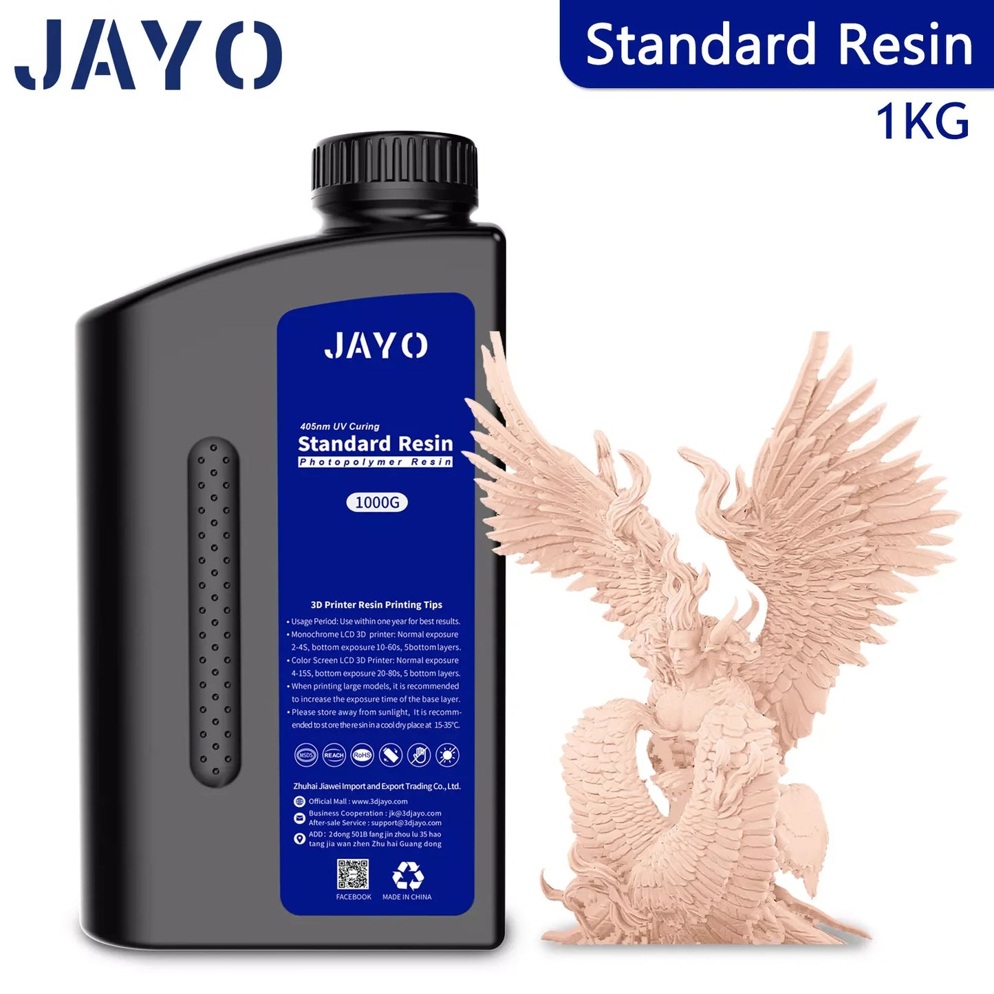 JAYO ABS-Like Standard 3D Printer Resin – 1KG – 395-405nm UV – Water Washable – High Precision & Fast Curing