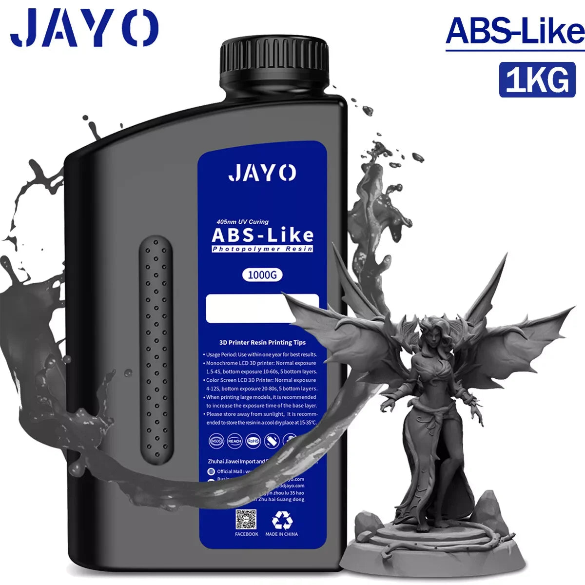 JAYO ABS-Like Standard 3D Printer Resin – 1KG – 395-405nm UV – Water Washable – High Precision & Fast Curing