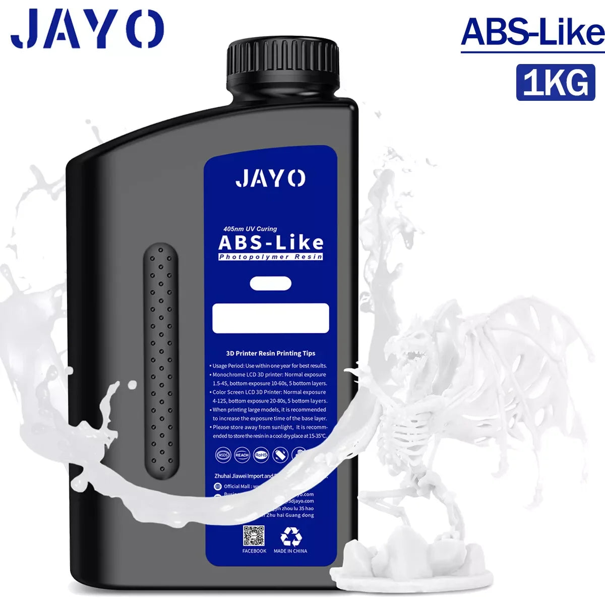 JAYO ABS-Like Standard 3D Printer Resin – 1KG – 395-405nm UV – Water Washable – High Precision & Fast Curing