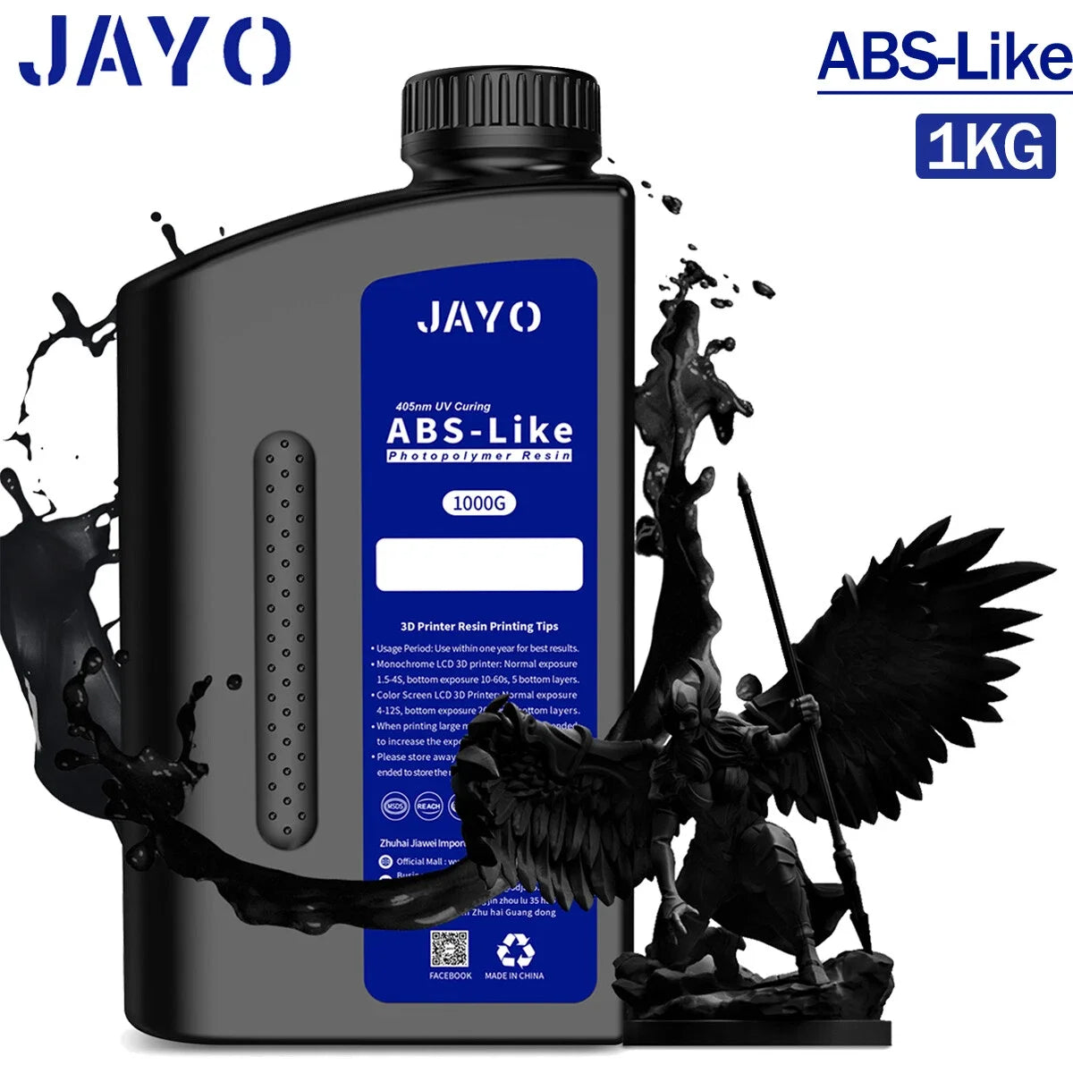 JAYO ABS-Like Standard 3D Printer Resin – 1KG – 395-405nm UV – Water Washable – High Precision & Fast Curing