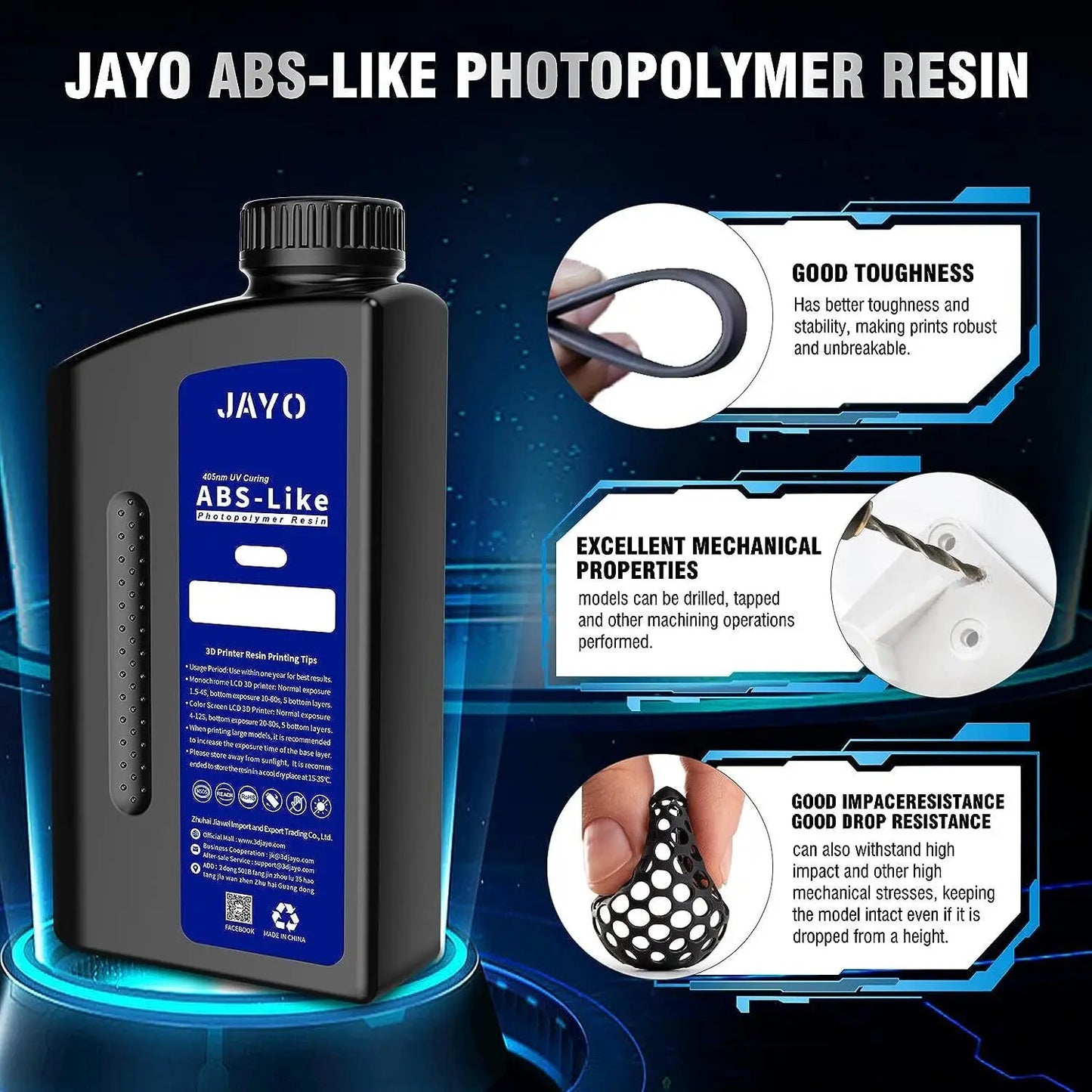 JAYO ABS-Like Standard 3D Printer Resin – 1KG – 395-405nm UV – Water Washable – High Precision & Fast Curing