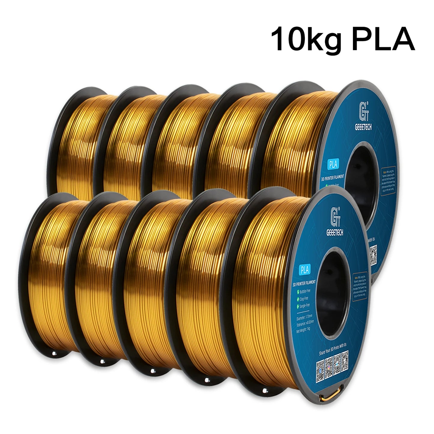 Geeetech Silk PLA Filament – 10KG Bulk Pack (10 × 1KG Spools, 1.75mm) – Glossy Finish for Decorative Prints