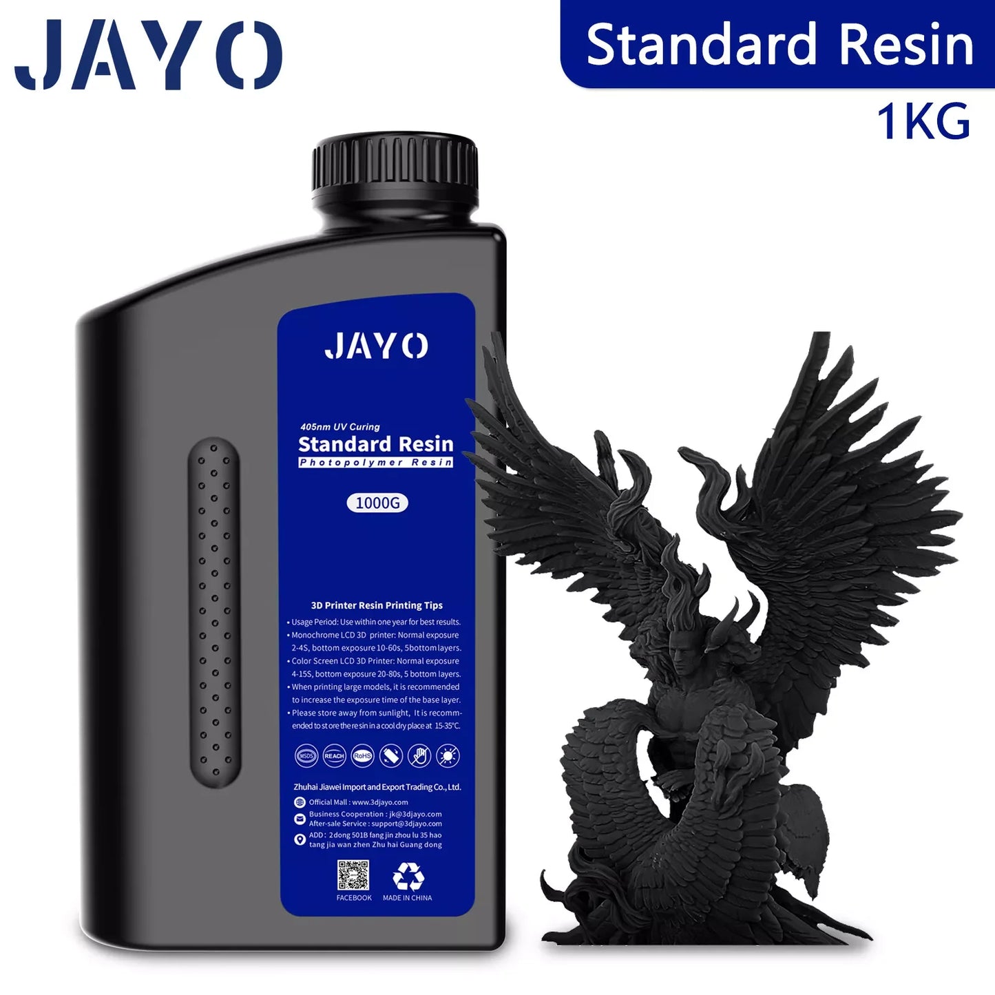 JAYO ABS-Like Standard 3D Printer Resin – 1KG – 395-405nm UV – Water Washable – High Precision & Fast Curing