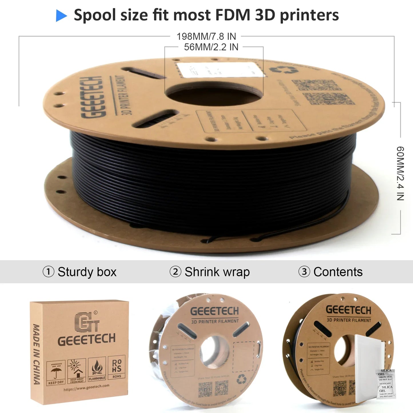 Geeetech Carbon Fiber PLA Filament – 1.75mm, 1KG (2.2 lbs) Spool – Reinforced for Strength & Stability
