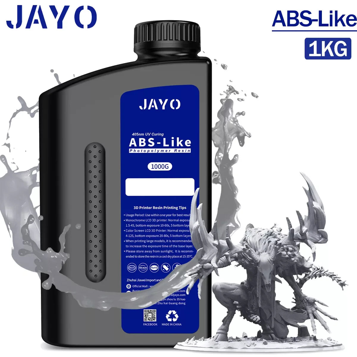 JAYO ABS-Like Standard 3D Printer Resin – 1KG – 395-405nm UV – Water Washable – High Precision & Fast Curing