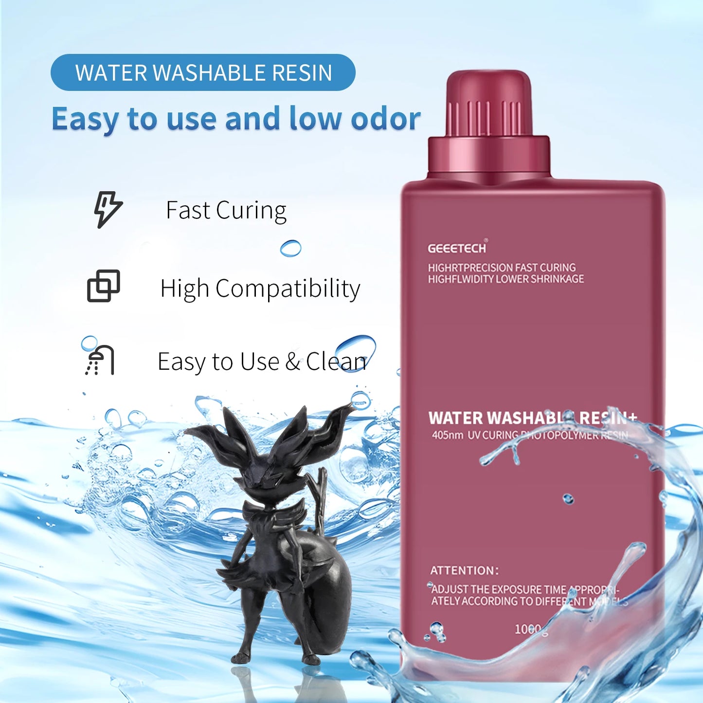 Geeetech Water Washable Resin – 405nm Low Odor, High Precision, Fast Curing for LCD 3D Printers (1KG)
